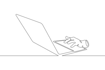 Poster - Laptop computer, human hands brush typing text on the keyboard. Working at the computer.One continuous drawing line, logo single hand drawn art doodle isolated minimal illustration.