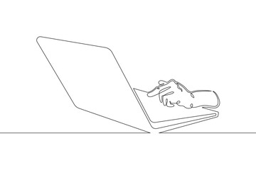 Poster - Laptop computer, human hands brush typing text on the keyboard. Working at the computer.One continuous drawing line, logo single hand drawn art doodle isolated minimal illustration.