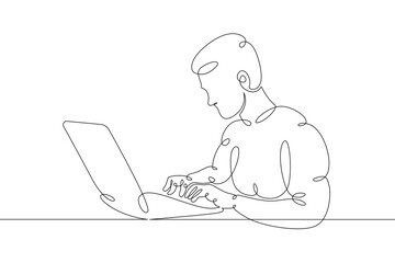 Wall Mural - Young man sits working at a laptop computer. Designer manager works on the Internet. One continuous drawing line, logo single hand drawn art doodle isolated minimal illustration.