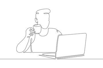 Poster - Young man sits working at a laptop computer. Designer manager works on the Internet. One continuous drawing line, logo single hand drawn art doodle isolated minimal illustration.