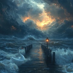 Canvas Print - Stormy sea, lone swan, lit pier, hopeful sunset.