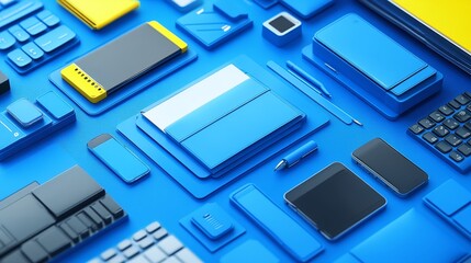 Poster - Abstract Arrangement of Stylized Blue and Yellow Electronic Gadgets