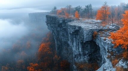 Wall Mural - Autumnal cliff, misty valley, vibrant foliage.