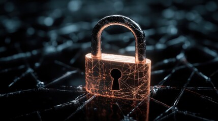 Poster - Digital Security Concept with a Glowing Padlock on a Network of Lines Representing Data Protection and Cybersecurity in a Modern Technology Scene