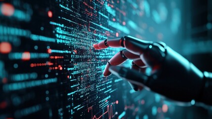 Poster - Futuristic Robotic Hand Interacting with Digital Data Stream Representing Technology, Innovation, Cybersecurity, and Artificial Intelligence in a Modern Environment