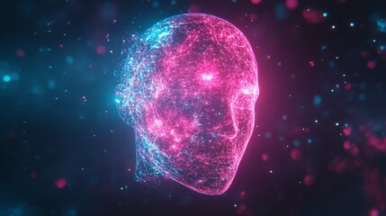 Poster - Digital Head, Neon Pink Blue Network, Abstract Art