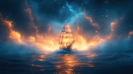 Canvas Print - Sailing ship, starry night, fiery clouds, ocean.