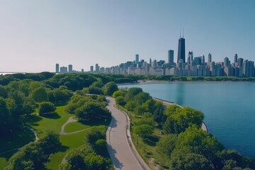 Wall Mural - City skyline, lakeside park road, summer morning, aerial view, travel