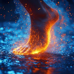 Wall Mural - Fiery foot steps on blue water, glowing.