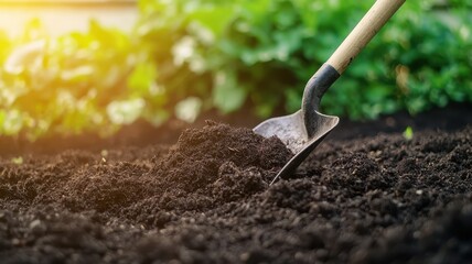 Wall Mural - A close-up of a garden shovel digging into rich, dark soil, with greenery in the background, capturing the essence of gardening and cultivation.