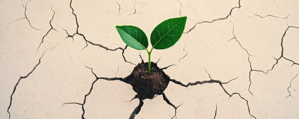 Wall Mural - A green sprout emerges from cracked dry soil, symbolizing resilience and hope in harsh conditions.