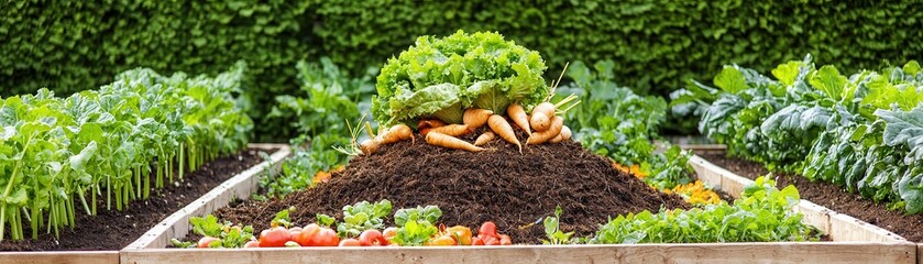 Wall Mural - A vibrant vegetable garden featuring a mound of freshly harvested carrots and various leafy greens, surrounded by lush greenery.