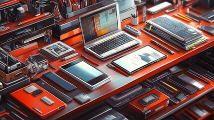 Poster - A close-up view of assorted electronic devices and components on a red surface