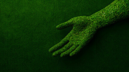 Green Hand Made of Grass on Dark Background Symbolizing Nature Care