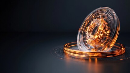 Fototapete - Abstract orange glowing circular design with intricate details and a sense of motion on a dark background, showcasing futuristic and technological aesthetics