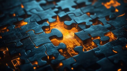 Poster - Intricate Puzzle Pieces with Glowing Light, Symbolizing Problem Solving and Innovative Thinking with a Futuristic Touch in a Dark Environment