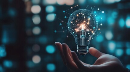 Aufkleber - Digital Light Bulb in Hand Representing Innovation, Creativity, Technology, and the Power of Ideas Illuminating the Future of Modern Problem-Solving Solutions