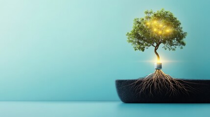 Poster - Innovative Concept of a Tree Growing from a Light Bulb with Glowing Roots, Representing Sustainability, Growth, and Environmental Awareness in Modern Design