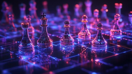 Poster - Futuristic Chess Board with Illuminated Pieces in Vibrant Colors, Creating a Dynamic and Engaging Atmosphere for Strategy and Competition