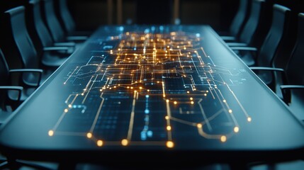 Poster - Futuristic Conference Room with Digital Circuit Board Design on Table Surface Illuminated by Warm Lighting, Creating a Technology-Inspired Workspace