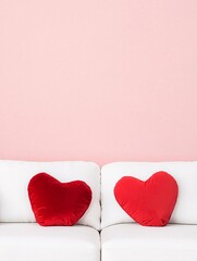 Poster - A pair of red velvet cushions in the shape of hearts placed on a white sofa with a pastel pink wall in the background