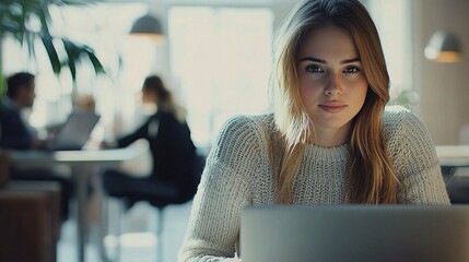 Poster - Professional Young Woman Engaged on Laptop in Modern Workspace
