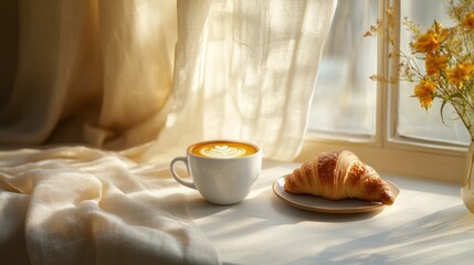 Poster - Sunlit latte art coffee and croissant on windowsill.