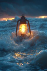 Canvas Print - Lighted lantern floats amidst stormy ocean waves.