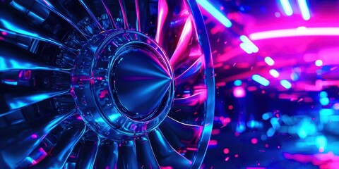 Poster - Jet engine is shown in a neon blue and purple background