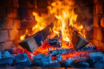 Close up of open fire in fireplace in living room