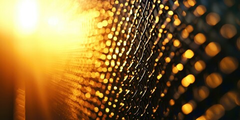 Close up of a fence with a sun shining through it