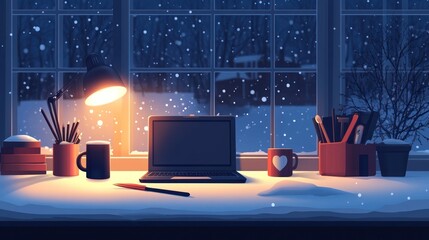 Poster - Cozy snowy night workspace with laptop.