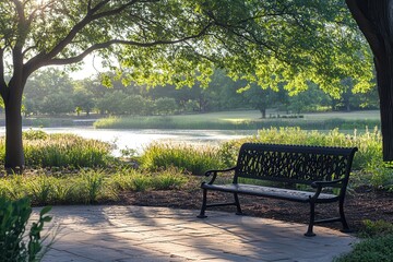 Wall Mural - Serene park bench sunrise lake tranquility garden