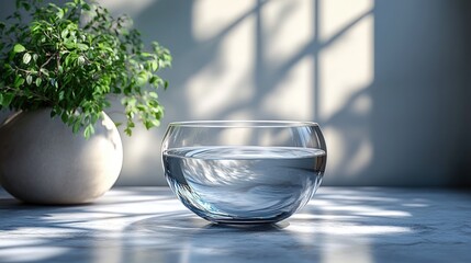 Sticker - Glass bowl, water, plant, sunlight, marble.