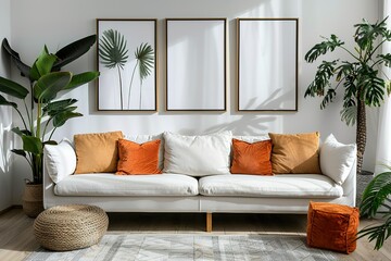 Four empty vertical picture frames in a modern living room with white sofa, orange pillows and plants. Wall art mockup set of 4 posters.