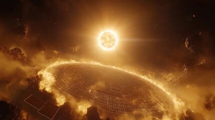 Wall Mural - Fiery planet engulfed in flames with a bright sun in the background.