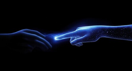 Poster - Digital hand touches human hand, cosmic background, connection concept