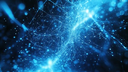 Poster - Abstract blue network, digital data flow, glowing particles, dark background, tech presentation