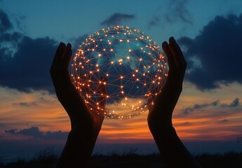 Poster - Global network sunset connection hands