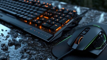 Poster - A black computer keyboard and a green and orange computer mouse are on a table