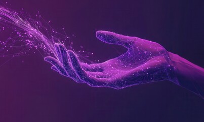 Poster - Purple hand holds digital data stream, dark background, tech concept