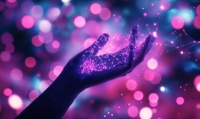 Poster - hand holding glowing network, bokeh background, digital future, tech concept