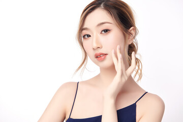 Beautiful young asian woman with clean fresh skin on white background, Face care, Facial treatment, Cosmetology, beauty and spa, Asian women portrait.