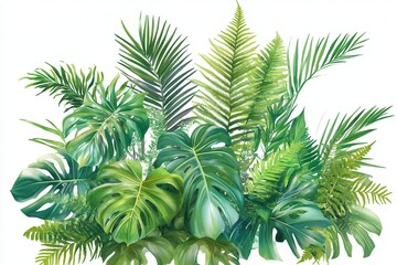 Wall Mural - Lush tropical foliage arrangement, white background, design element