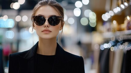 Wall Mural - A woman wearing sunglasses and a black coat stands in front of a store window