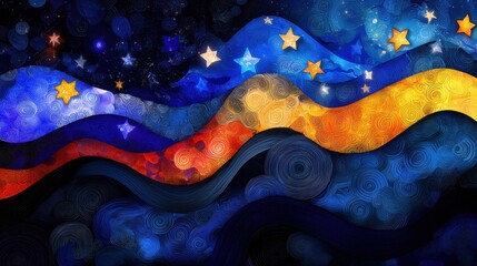 Wall Mural - A painting of a starry night sky with mountains in the background