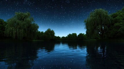 Wall Mural - A serene lake at night with a sky full of stars