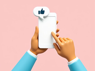 Poster - 3d cartoon hands interacting with a smartphone displaying a thumbs-up symbol