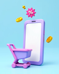 Poster - pastel-colored shopping cart and smartphone: mobile shopping concept