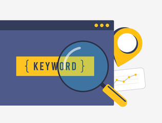Fototapete - Local SEO keyword optimization with search bar, magnifying glass, location pin and analytics. Digital marketing local search strategies, keyword research and online business growth illustration
